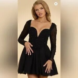 Oh Polly Black Beaded Long Sleeve Dress